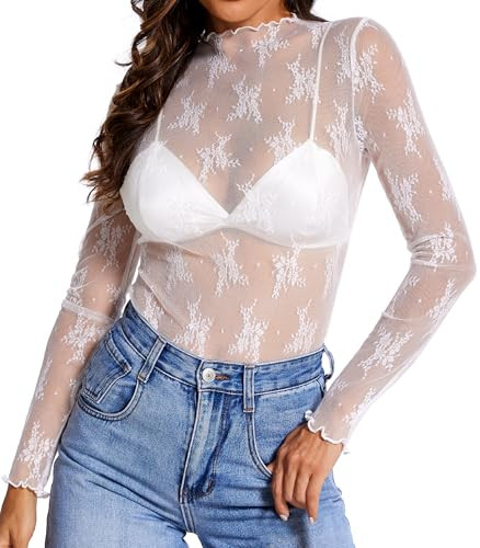 MOHHOM Lace Tops for Women Long Sleeve Mesh Top Mock Neck Sheer Blouse See Through Lace Shirt Layering Top(White, Small) | Amazon (US)