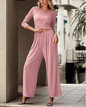 BTFBM Women's Two Piece Lounge Set Long Sleeve Bodycon Ribbed Knit Crop Top Loose Wide Leg Pant Y... | Amazon (US)