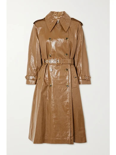 ALEXACHUNG - Belted Double-breasted Crinkled Glossed-leather Trench Coat - Tan | NET-A-PORTER (US)