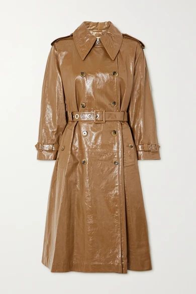 ALEXACHUNG - Belted Double-breasted Crinkled Glossed-leather Trench Coat - Tan | NET-A-PORTER (US)
