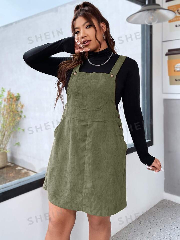 SHEIN Qutie Plus Patched Pocket Corduroy Overall Dress Without Top | SHEIN