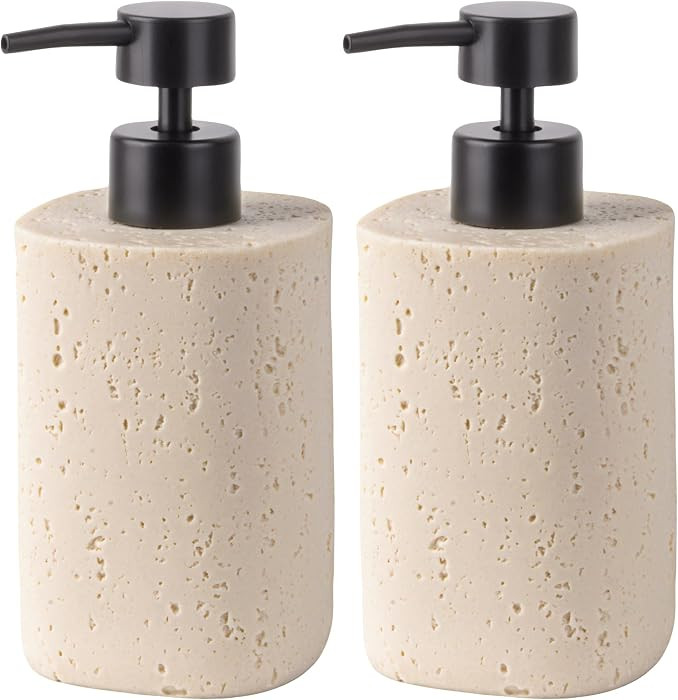 2 Pack Beige Resin Soap Dispensers, Refillable Liquid Lotion Dispenser Bottles with Travertine-Lo... | Amazon (US)