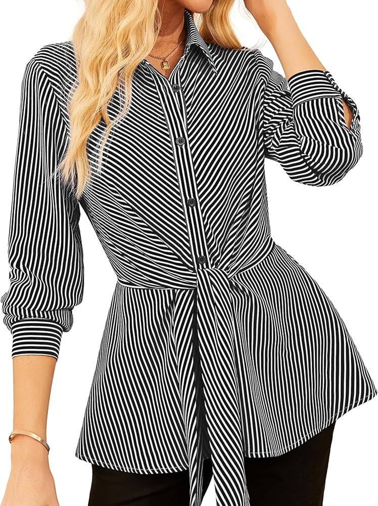 GRACE KARIN Peplum Tops for Women Tie Front Striped Button Down Shirt Collared Long Sleeve Busine... | Amazon (US)