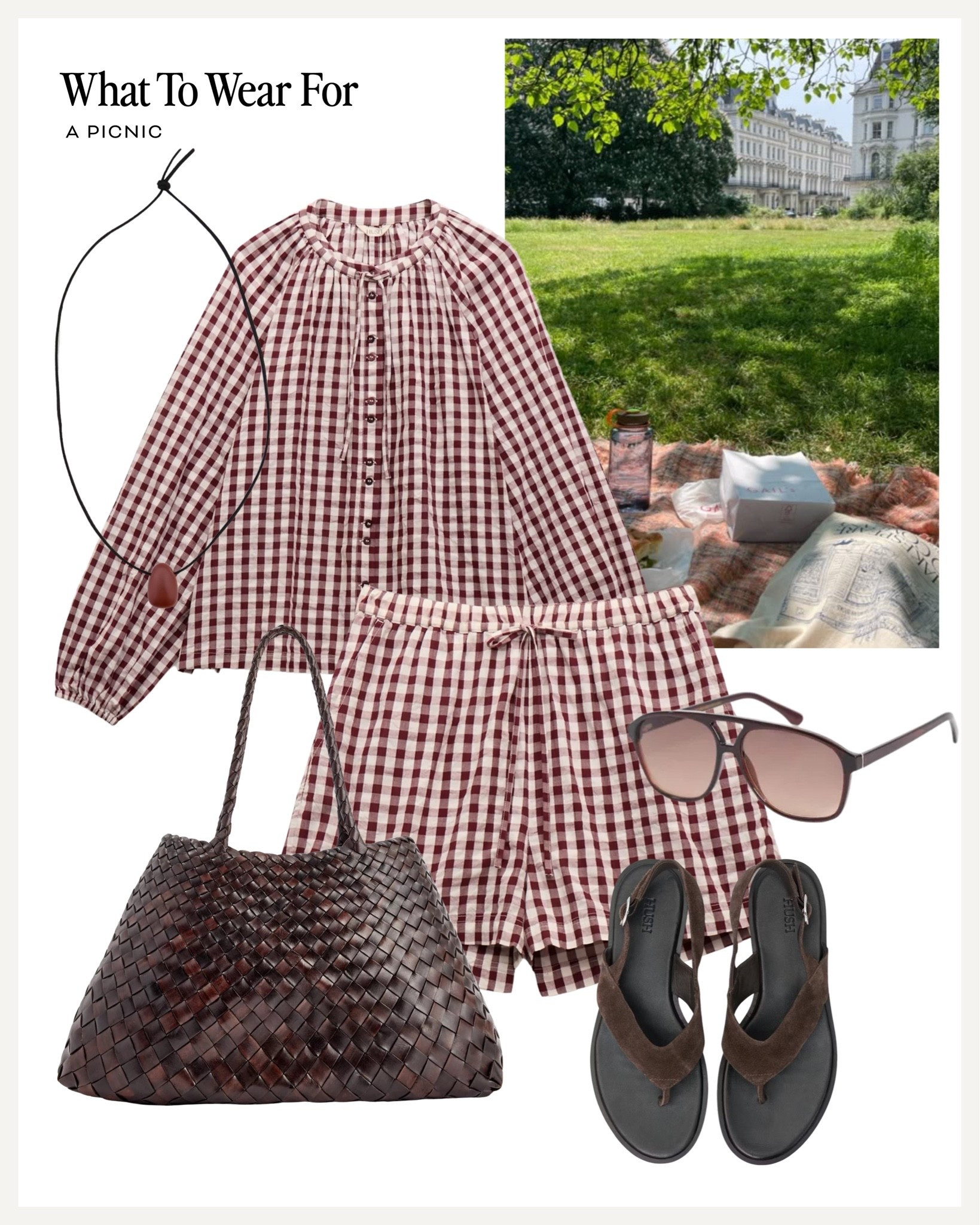 A picnic 🧺 

Summer outfit, gingham two piece, hush fashion, brown sandals, straw tote
