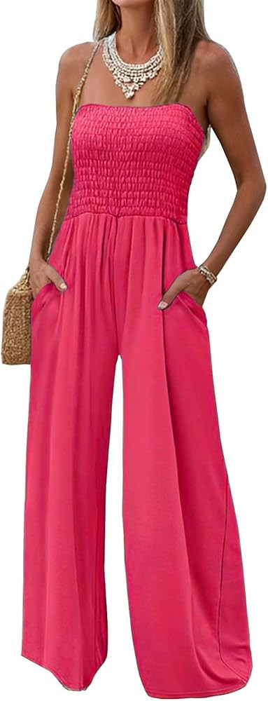 AUXDIO Womens Casual Strapless Summer Jumpsuits Loose Off Shoulder Smocked Sleeveless Wide Leg Ro... | Amazon (US)