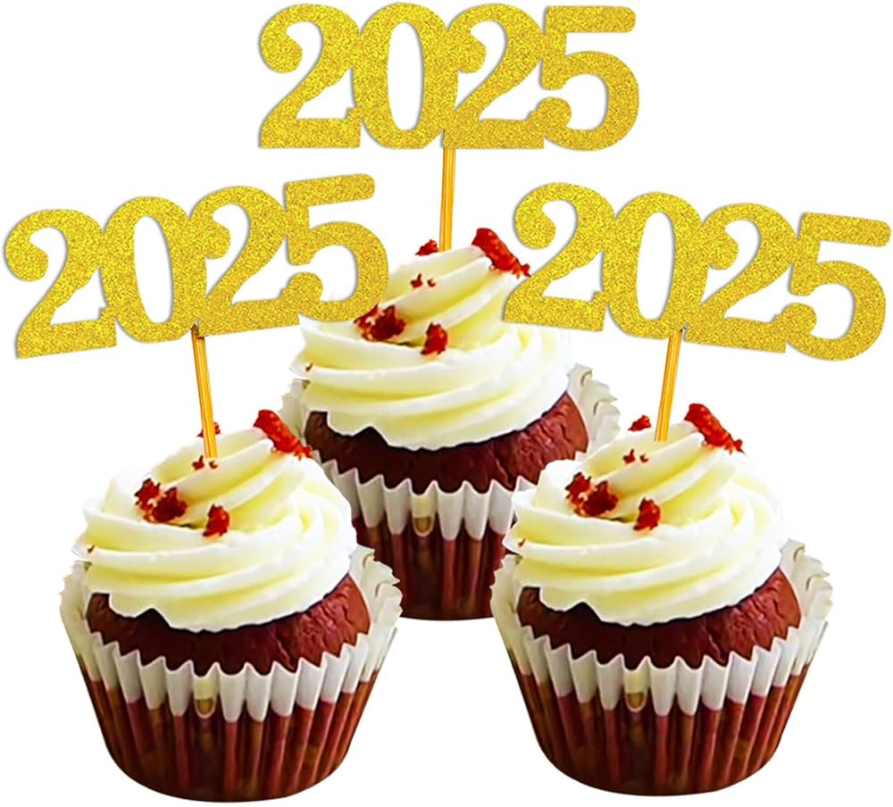 24 Pack New Year Cupcake Toppers, Gold Glitter Number 2025 New Year Cake Toppers Food Picks Decor... | Amazon (US)