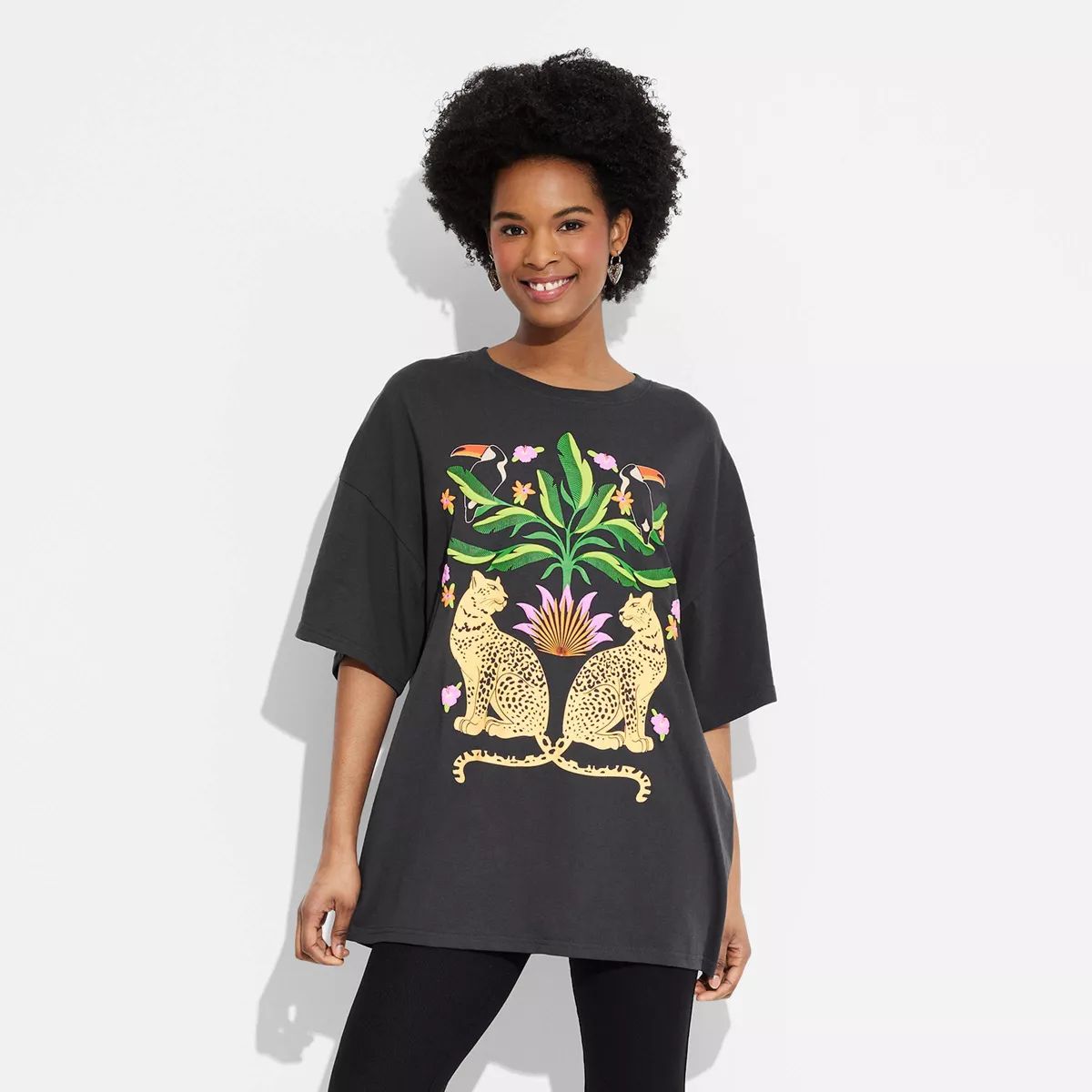 Women's Jungle Scenery Oversized Short Sleeve Graphic T-Shirt - Black | Target
