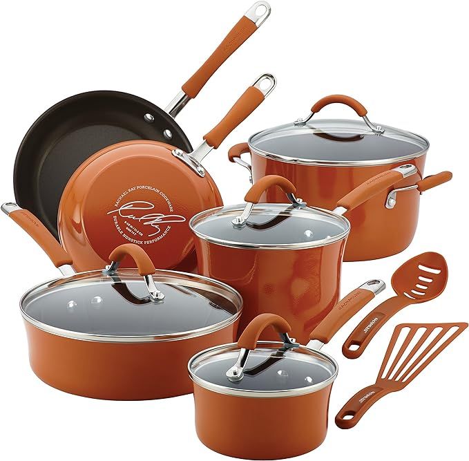 Rachael Ray Cucina Nonstick Cookware Pots and Pans Set, 12 Piece, Pumpkin Orange | Amazon (US)