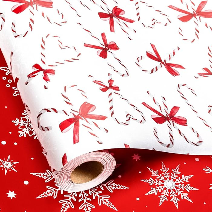 Retrify Christmas Wrapping Paper - Red White Candy Cane with Bow Snowflake Pattern Gift Wrap Pape... | Amazon (US)