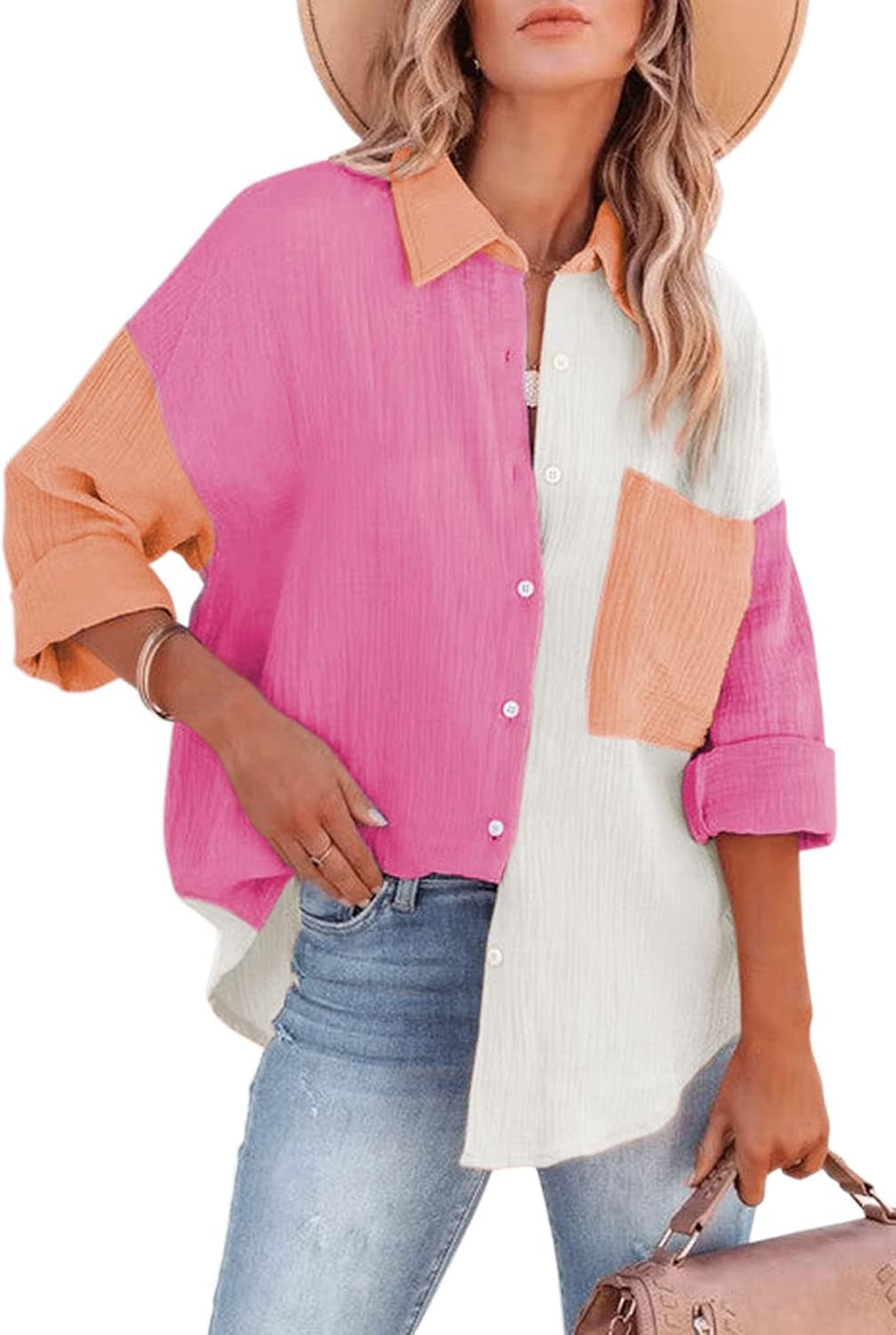 KOJOOIN Womens Colorblock Button Down Shirts Jacket Casual Long Sleeve Oversized Tunic Blouses | Amazon (US)