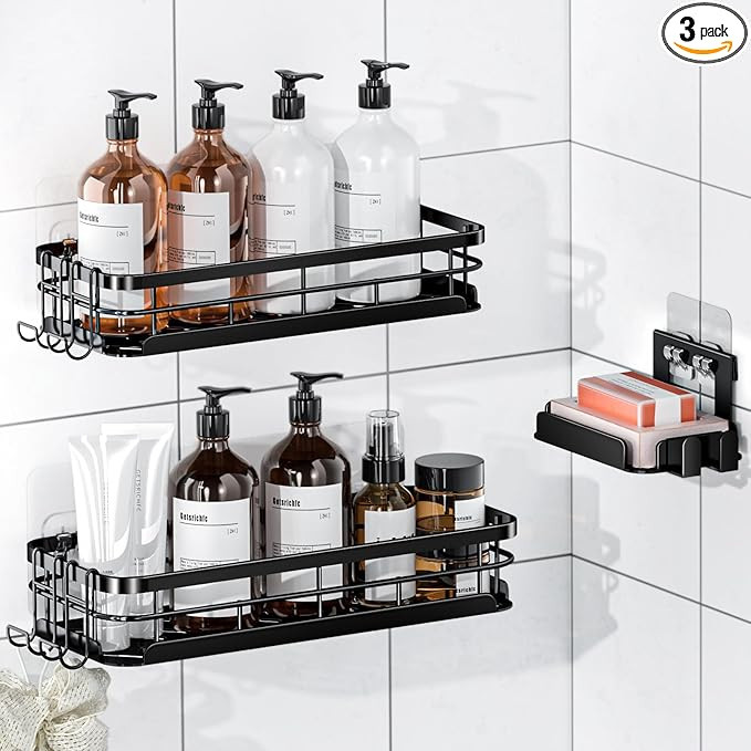 Corner Shower Caddy 3 Pack, Large Size Shower Shelves with Soap Holder Adhesiveand 4 N-Shaped Hoo... | Amazon (US)