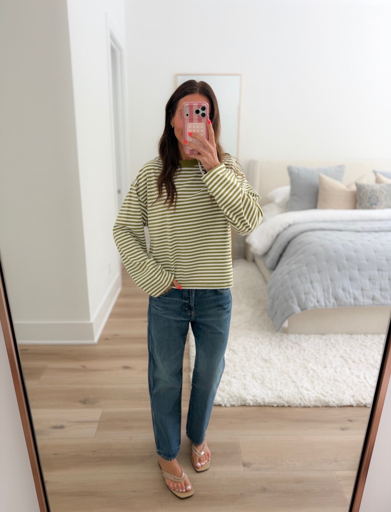 This green stripe is such a good color for heading into fall. The relaxed sleeves and slightly cropped length pair perfectly with straight leg denim.

Size 2 jeans, S top

striped top, green stripe shirt, casual fall outfit, straight leg jeans, denim outfit, transitional style, everyday outfit, fall fashion, casual style, annabrstyle

#LTKootd #LTKSeasonal #LTKOver40