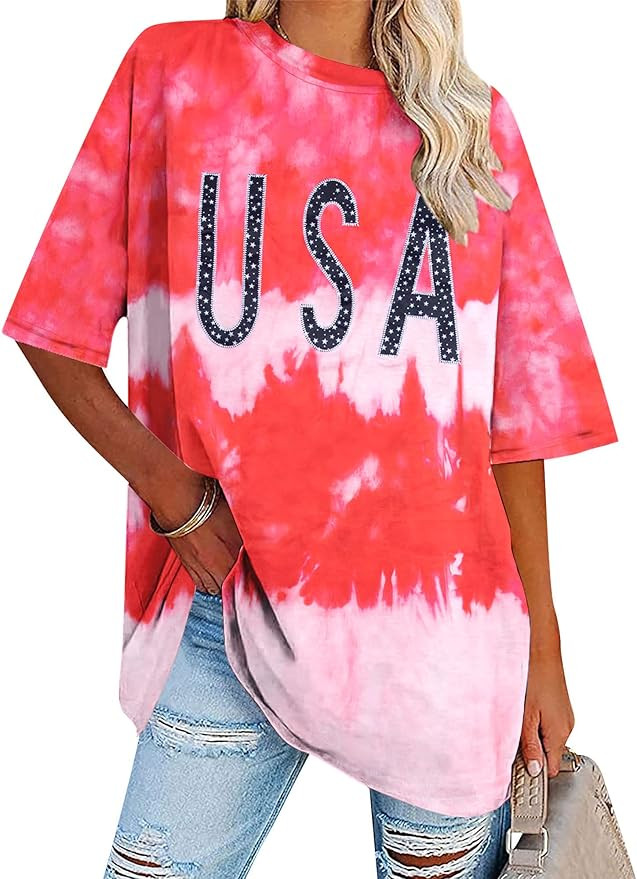 Womens USA Oversized Shirt 4th of July Tie Dye Tee Shirts American Patriotic Embroidered Crewneck... | Amazon (US)