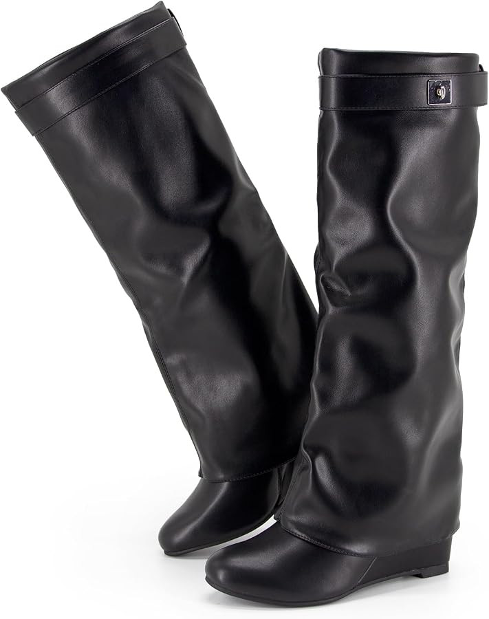 Fold Over Boots for Women Knee High Shark Boots Wedge Heel Flat Shoes | Amazon (US)