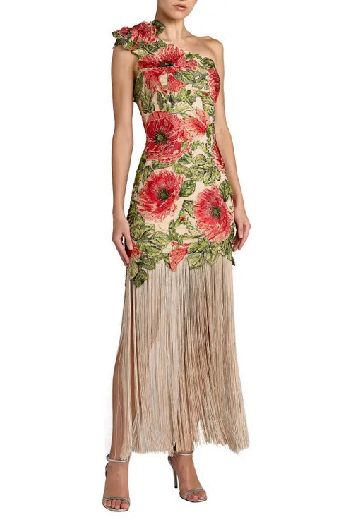 Mac Duggal Embroidered One Shoulder Dress With Fringe Hem in Nude Multi at Nordstrom, Size 14 | Nordstrom