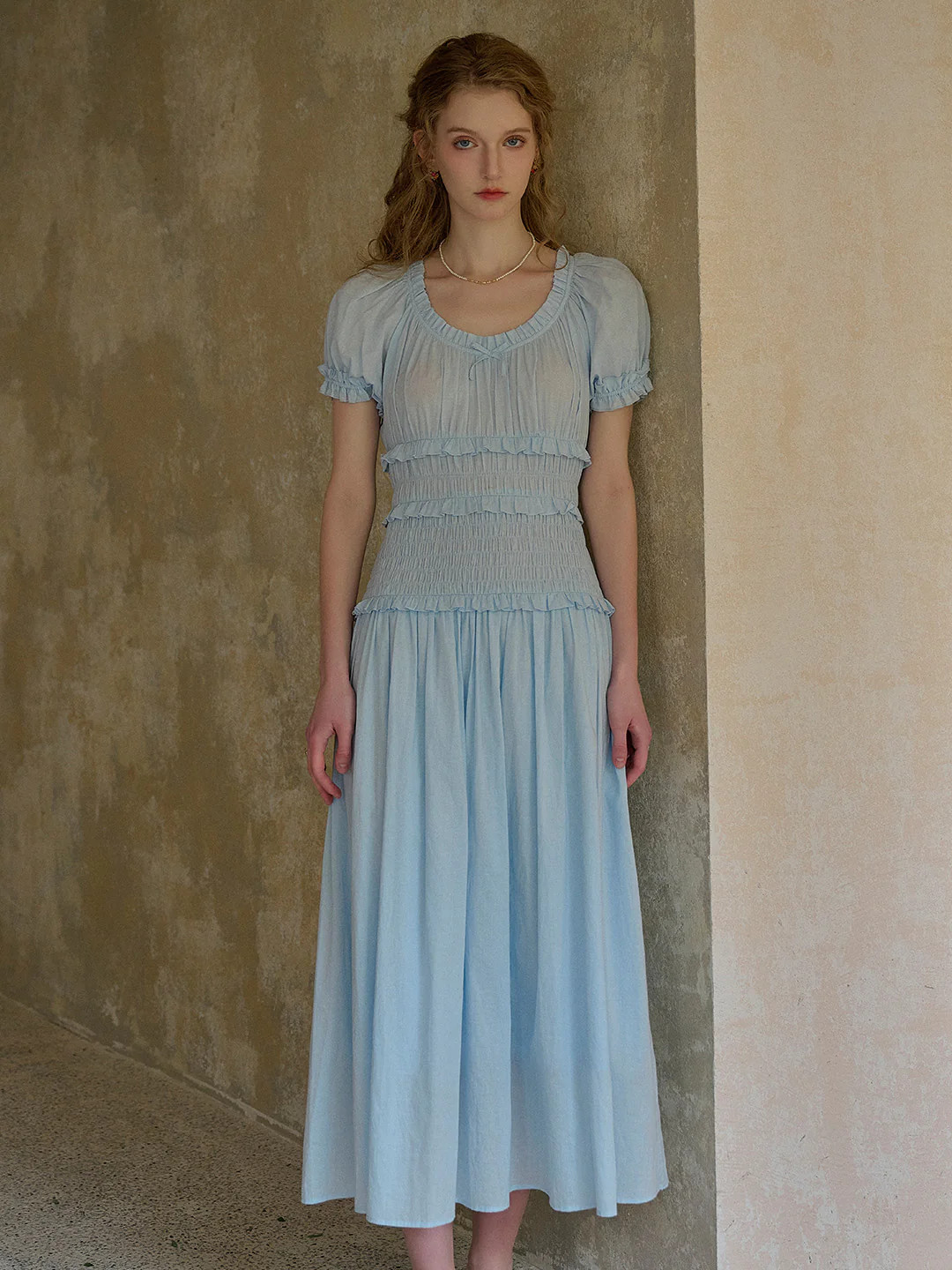 Elowen Round Neck Pleated 100% Cotton Dress - Blue | SimpleRetro