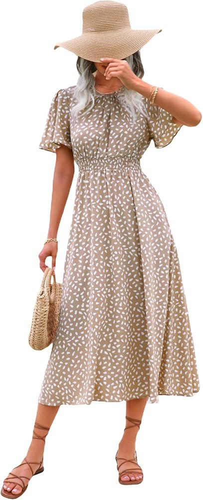 Floerns Women's Boho Ditsy Floral Short Sleeve A Line Flared Midi Dress | Amazon (US)