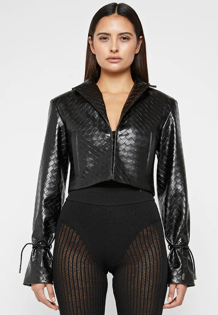 Vegan Leather Woven Cropped Jacket - Black | Maniere De Voir