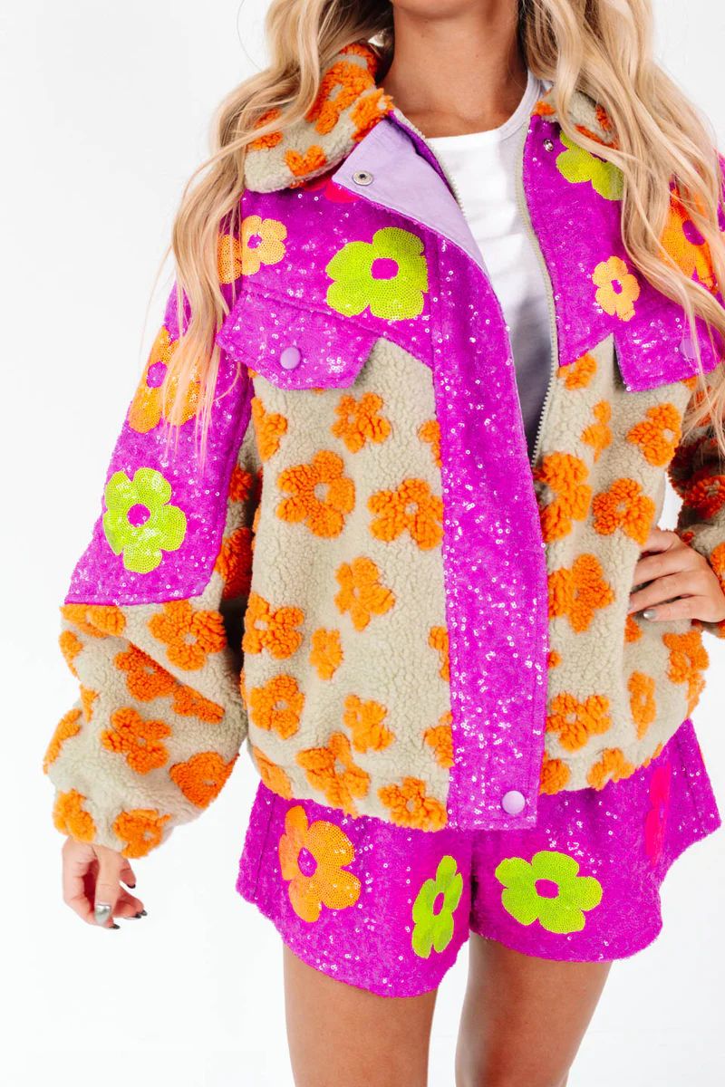 Queen Of Sparkles Neon Flower Fleece Jacket - Tan | The Impeccable Pig