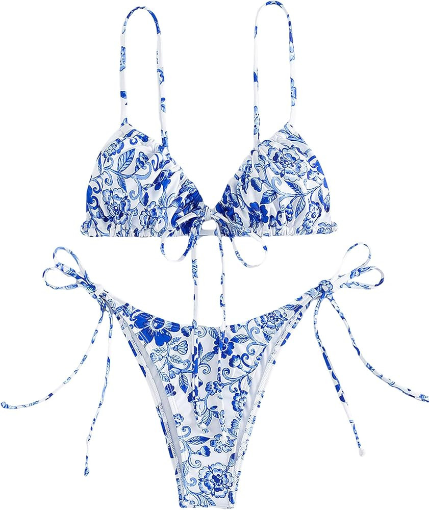 Floerns Women's 2 Piece Boho Floral Print Frilled Knot Front Bra and Tie Side Thongs Bikini Set | Amazon (US)