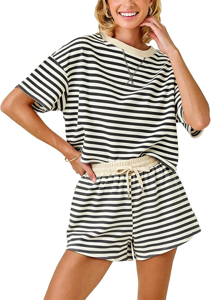Colorful world Two Piece Sets for Women Striped Shorts Sets Short Sleeve Crew Neck Tops High Wais... | Amazon (US)