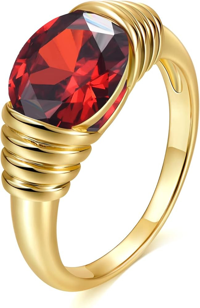 AllenCOCO Gold Ring for Women Trendy Ruby Ring Red Gemstone Chunky Ring 18k Gold Plated Band Ring... | Amazon (US)