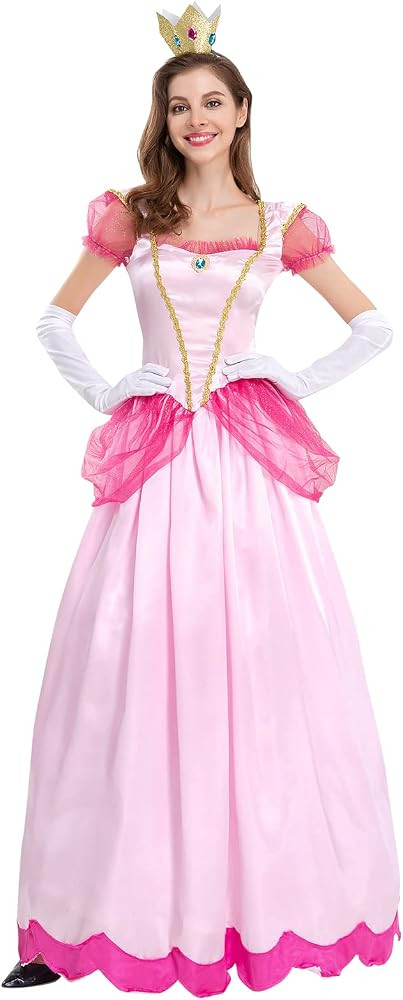 Princess Peach Costume Adult Puff Sleeve Long Dress+Glove +Crown 3Pcs Fairy Outfit Halloween Chri... | Amazon (US)
