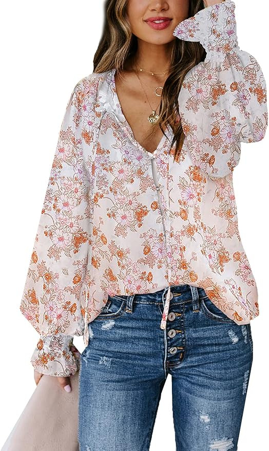 Biucly Women's Casual Boho Floral Print V Neck Long Sleeve Stylish Drawstring Tops Loose Blouses ... | Amazon (US)