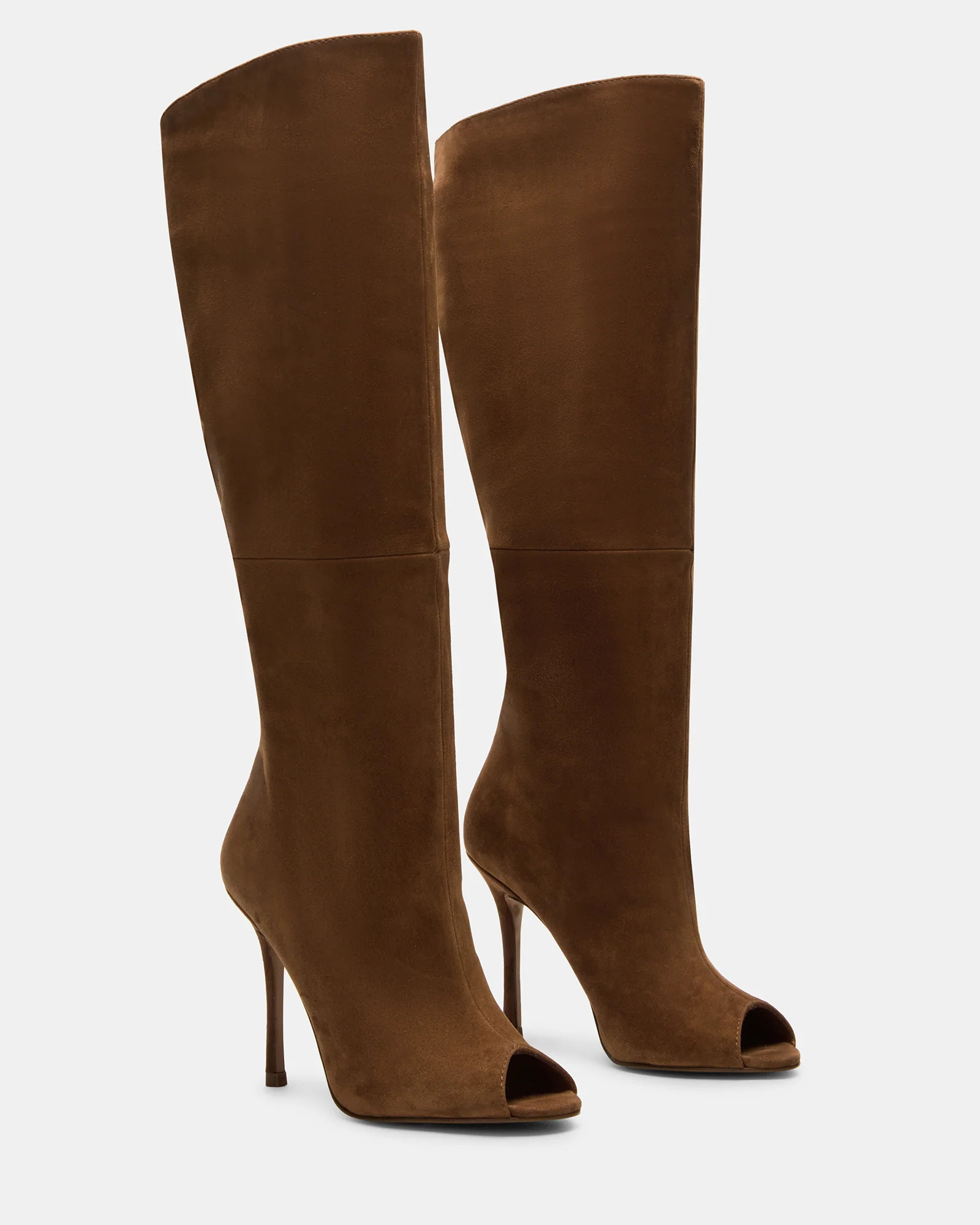 PEGGIE Chestnut Suede Stiletto Heel Peep Toe Women's Boots | Steve Madden (US)