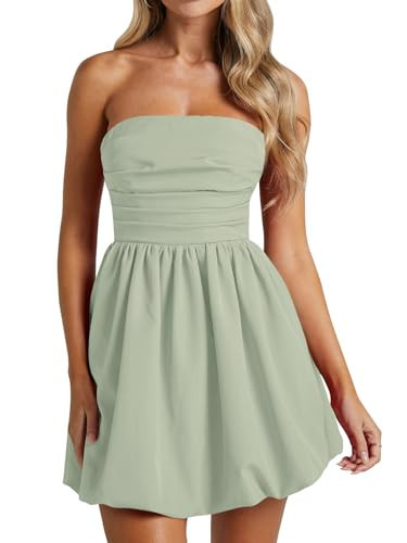 Wenrine Women's Sexy Strapless Summer Mini Dress Sleeveless Smocked A Lined Bubble Wedding Club Party Dress Pea Green | Amazon (US)