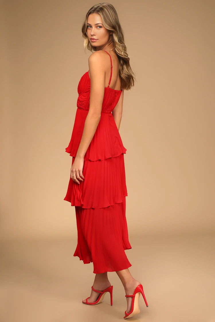 Cascading Crush Red Tiered Bustier Midi Dress | Lulus