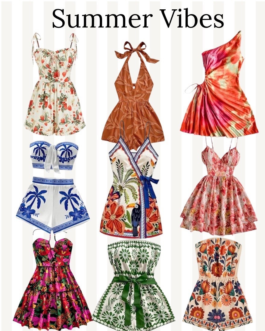 “Summer Vibes” is basically your suitcase saying: *we’re not here to be subtle.* Every piece is flirty, colorful, and designed for maximum main-character energy. Here’s how these looks translate into your next dreamy getaway:

**🍓 The Strawberry Sweetheart Romper**
Light, playful, and just a little bit innocent—perfect for wandering cobblestone streets in Florence, stopping for gelato every 20 minutes like it’s your job.

**🤍💙 The Mediterranean Muse Set**
Crisp white with bold blue prints = instant coastal goddess. Wear this while sipping an *Aperol spritz* along the cliffs of Amalfi Coast, pretending you summer there every year.

**🌺 The Tropical Bombshell Mini**
This vibrant, fitted number doesn’t whisper—it shouts. Ideal for rooftop cocktails in Tulum when the playlist is hot and so are you.

**🍊 The Sunset Halter Romper**
Warm terracotta tones that glow at golden hour. Think seaside dinners in Santorini, hair a little salty, wine glass never empty.

**🦜 The Jungle Escape Dress**
Bold prints, plunging neckline—this is your “I might fall in love on vacation” dress. Pack it for a lush getaway in Costa Rica.

**🌸 The Romantic Garden Mini**
Soft florals with a flirty silhouette—made for brunch and bubbly in Paris, because of course you’ll say yes to another croissant.

**💃 The Fiesta Ruffle Dress**
Bright, dramatic, and ready to dance. Take her out in Barcelona where the nights are long and the sangria keeps coming.

**🌿 The Green Goddess Romper**
Cinched waist, fresh print—effortlessly chic. Perfect for a wine-tasting day in Napa Valley, where you’ll swear you can taste “notes of citrus.”

**🌼 The Folk Floral Playsuit**
Colorful and artsy with a hint of boho. Wear it exploring markets in Marrakesh, bargaining like a pro (or at least trying).

**Bottom line:**
These outfits aren’t just clothes—they’re *vacation personalities*. All you need now is a boarding pass, a cute sandal, and a drink in hand. 🍹
