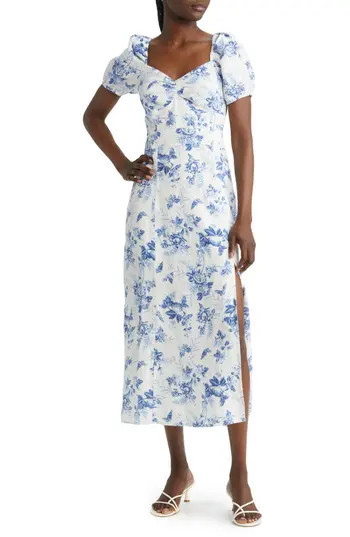 & Other Stories Floral Puff Sleeve Linen Dress in White W. Blue Floral Perla Aop at Nordstrom Rack, Size 12 | Nordstrom Rack