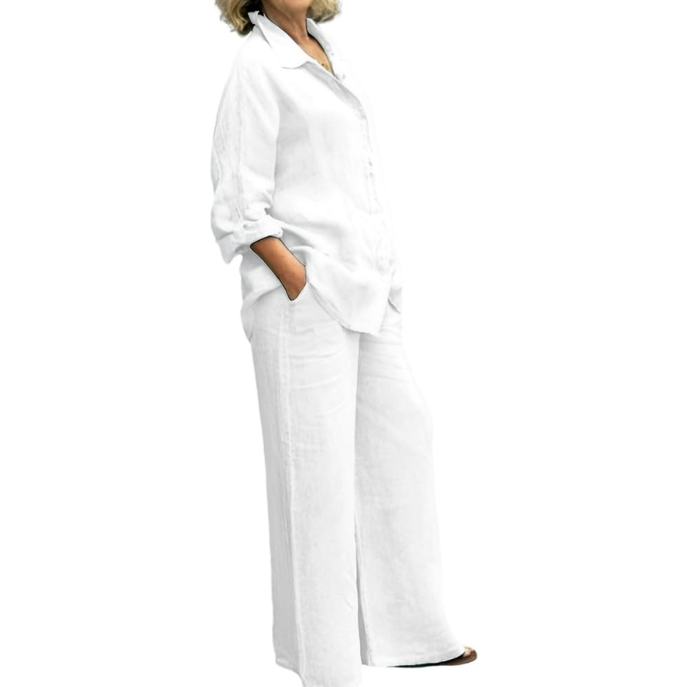 Womens Cotton Linen 2 Piece Outfits Long Sleeve Button Down Top Loose Elastic Waist Wide Leg Long... | Amazon (US)