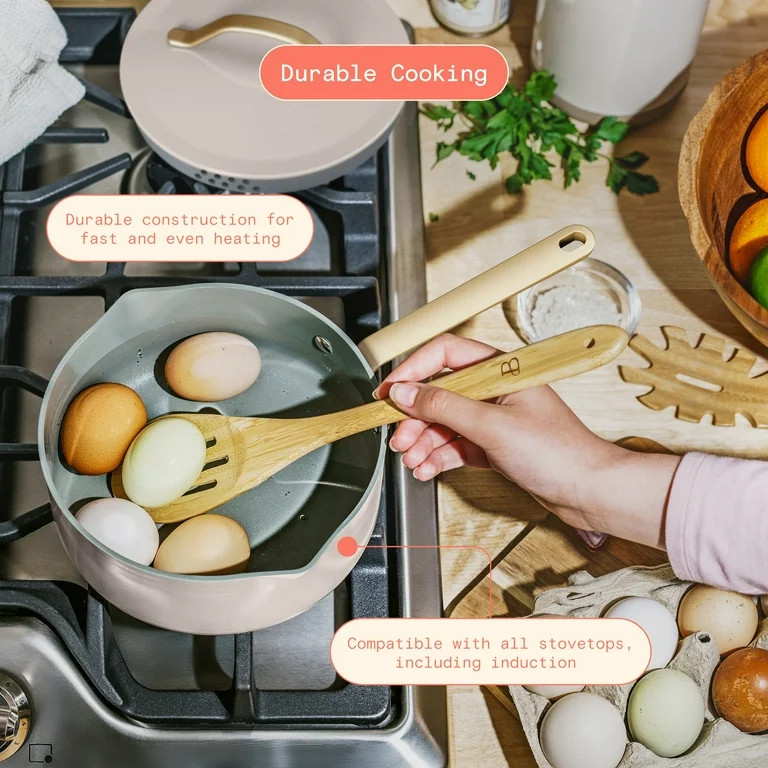 Beautiful 12-Piece Ceramic Nonstick Cookware Set, Pots and Pans with Strainer Lids, Porcini Taupe... | Walmart (US)