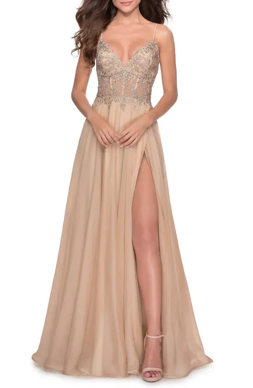 La Femme Floral Appliqué Chiffon Gown in Nude at Nordstrom, Size 14 | Nordstrom