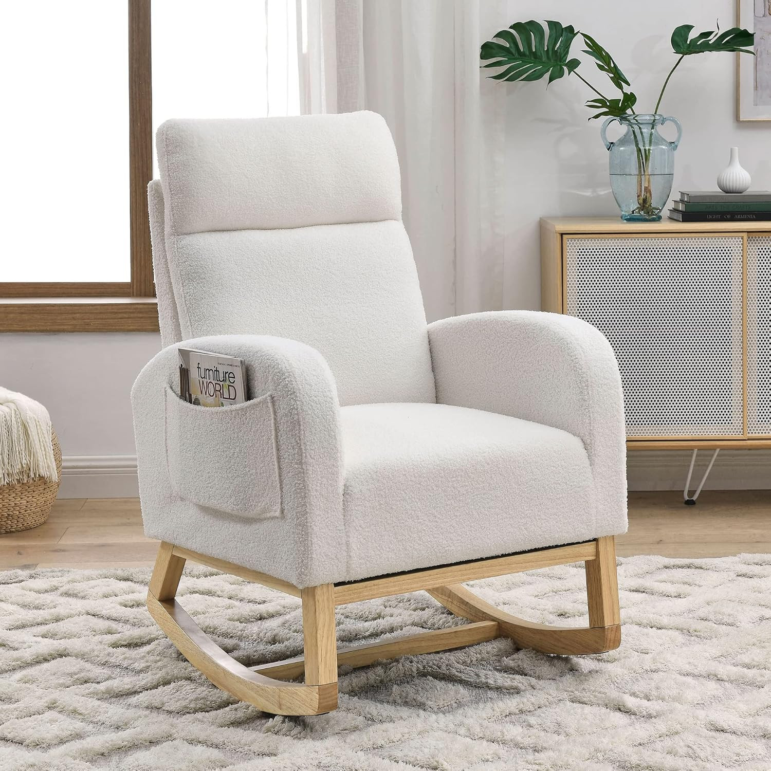 Nursery Rocking Chair with Solid Wood Legs, Glider Chair for Nursery with Two Side Pockets, Rocke... | Amazon (US)