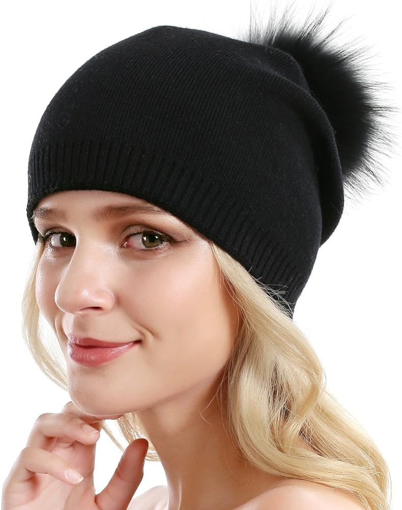 Women Knit Wool Beanie - Winter Fashion Solid Wool Hats Real Removable Raccoon Fur Pom Pom Warm S... | Amazon (US)
