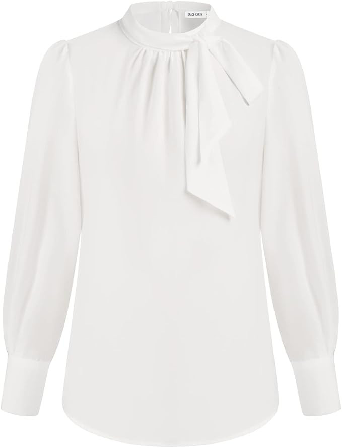 GRACE KARIN Women's Bow Tie Neck Long Sleeve Chiffon Blouses Pleated Mock Neck Casual Work Shirt ... | Amazon (US)