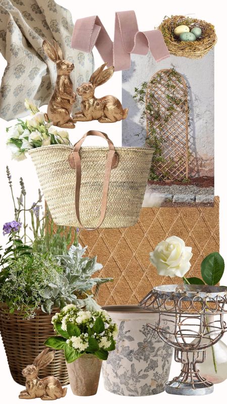 Some of my favorite French Cottage home decor items for the spring and summer season! I love keeping this French tote on our front door full of spring stems with a big mauve bow tied to the handle. I use the planters to add color and texture! The bunnies and bird nests are cute tucked into a planter!

#LTKhome