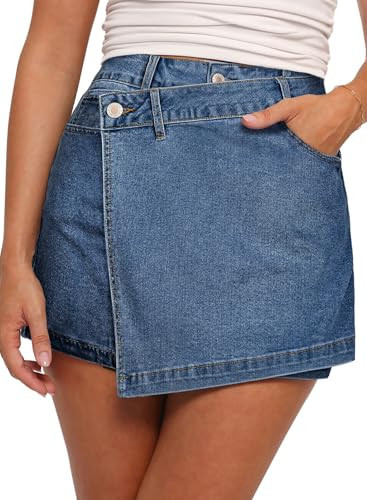 Sidefeel Womens Denim Skorts for Woman High Waisted Jean Skort Wrap Stretchy Asymmetrical Skorts Dark Blue Size 14 | Amazon (US)
