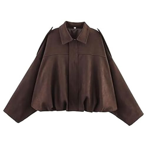 WOWULOVELY Women's Faux Suede Bomber Jacket Lapel Pilot Pocket Coat Casual Oversized Long Dolman Sleeves Spring Trendy Streetwear Pleated Hem Outerwear(Coffee-M) | Amazon (US)