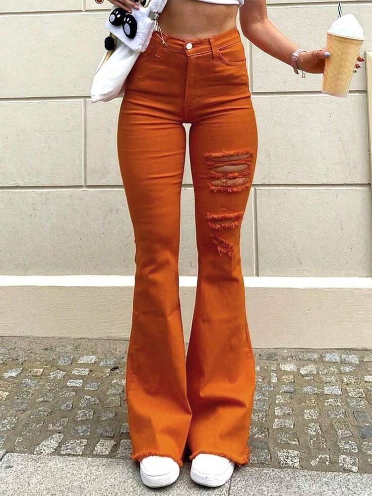 Women's Solid Color Simple Daily Wear Distressed Flared Jeans | SHEIN