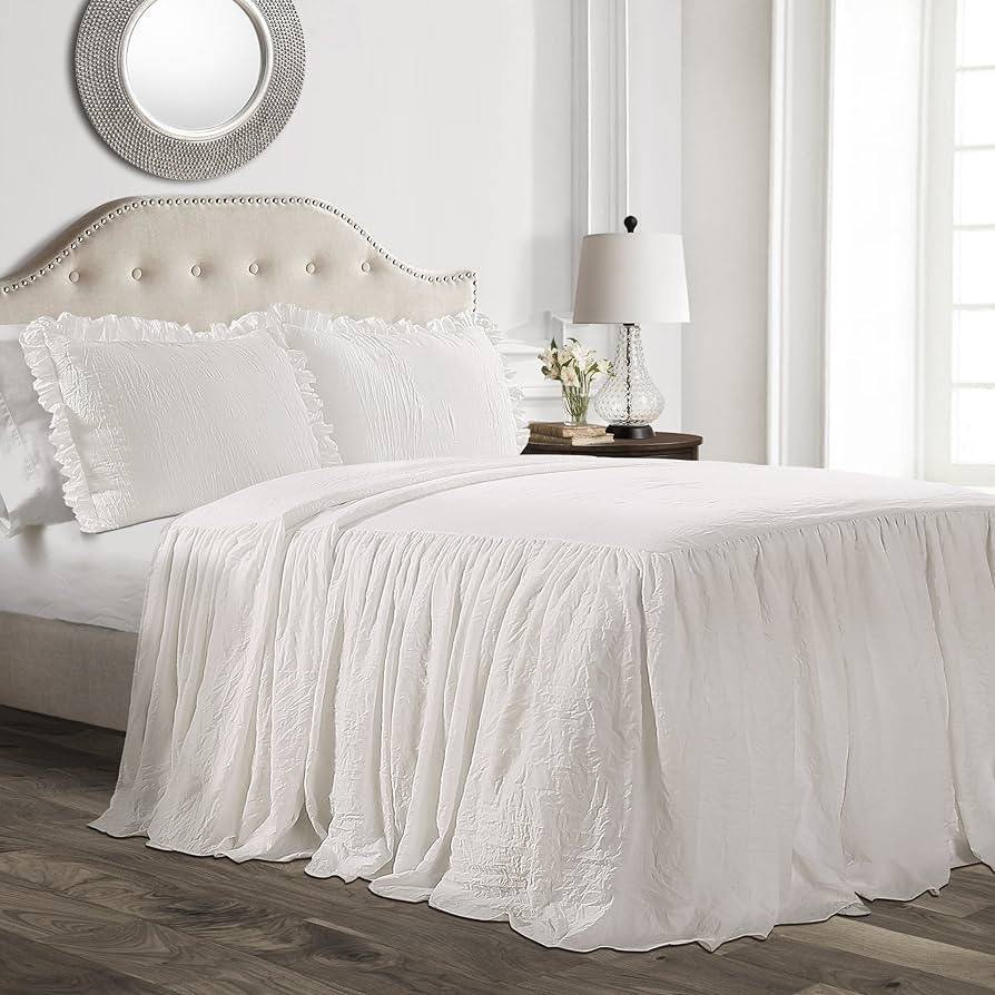 Lush Decor Ruffle Skirt Bedspread Vintage Chic Farmhouse Style Lightweight 3 Piece Set, Full, Whi... | Amazon (US)
