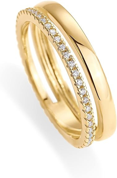 PAVOI 18K Gold Plated Cubic Zirconia Dual Stacking Rings for Women | Gold Eternity Band for Women... | Amazon (US)