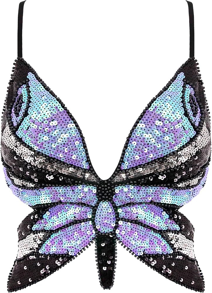 Mocure Womens Glitter Sequin Butterfly Crop Top Low-Cut Tank Top Rave Tube Vest Top for Belly Dan... | Amazon (US)