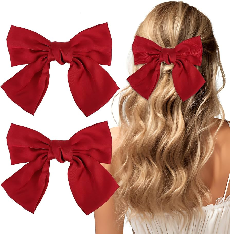 2 Pcs 6'' Hair Bows for Women, Short Satin Hair Bow Clips, Silky Double Layer Big Hair Bows Red H... | Amazon (US)