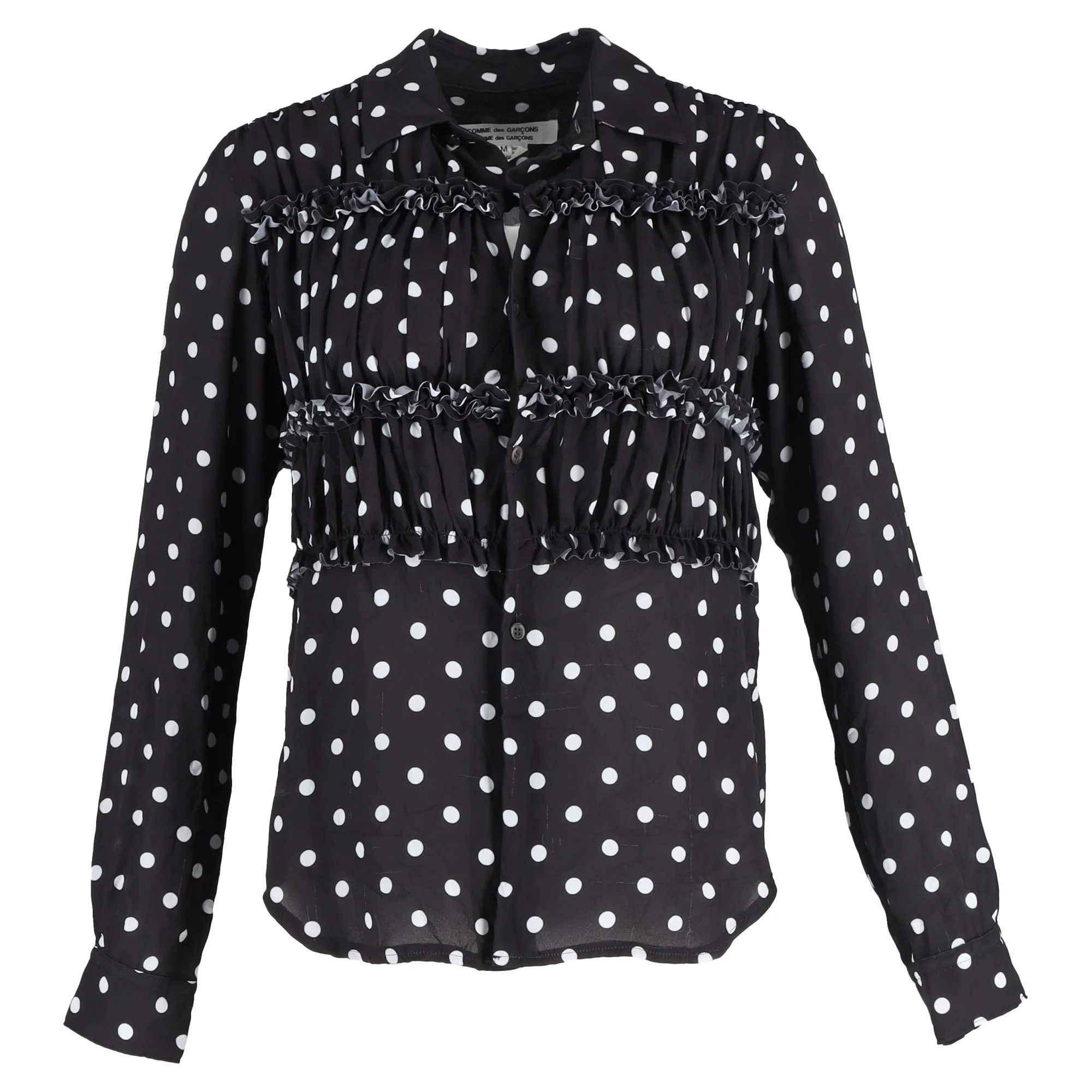 Comme Des Garçons Polka Dot Shirred Button-Down Blouse in Black Polyester | Shop Simon