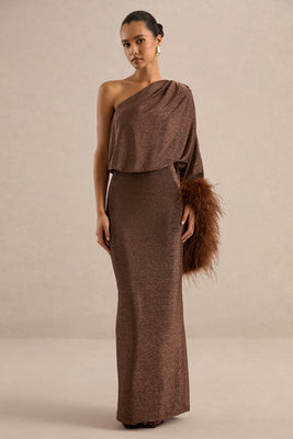 Galena | Brown Glitter One Sleeve Maxi Dress With Feather Detailing | Club L London