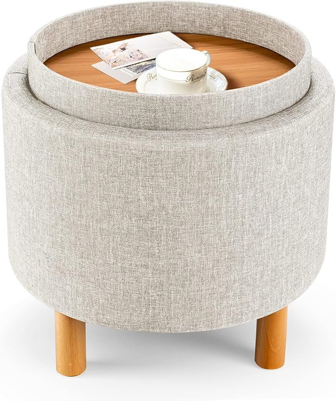 Giantex Round Storage Ottoman with Tray, Accent Storage Footstool w/Soft Padding, Fabric Sitting ... | Amazon (US)